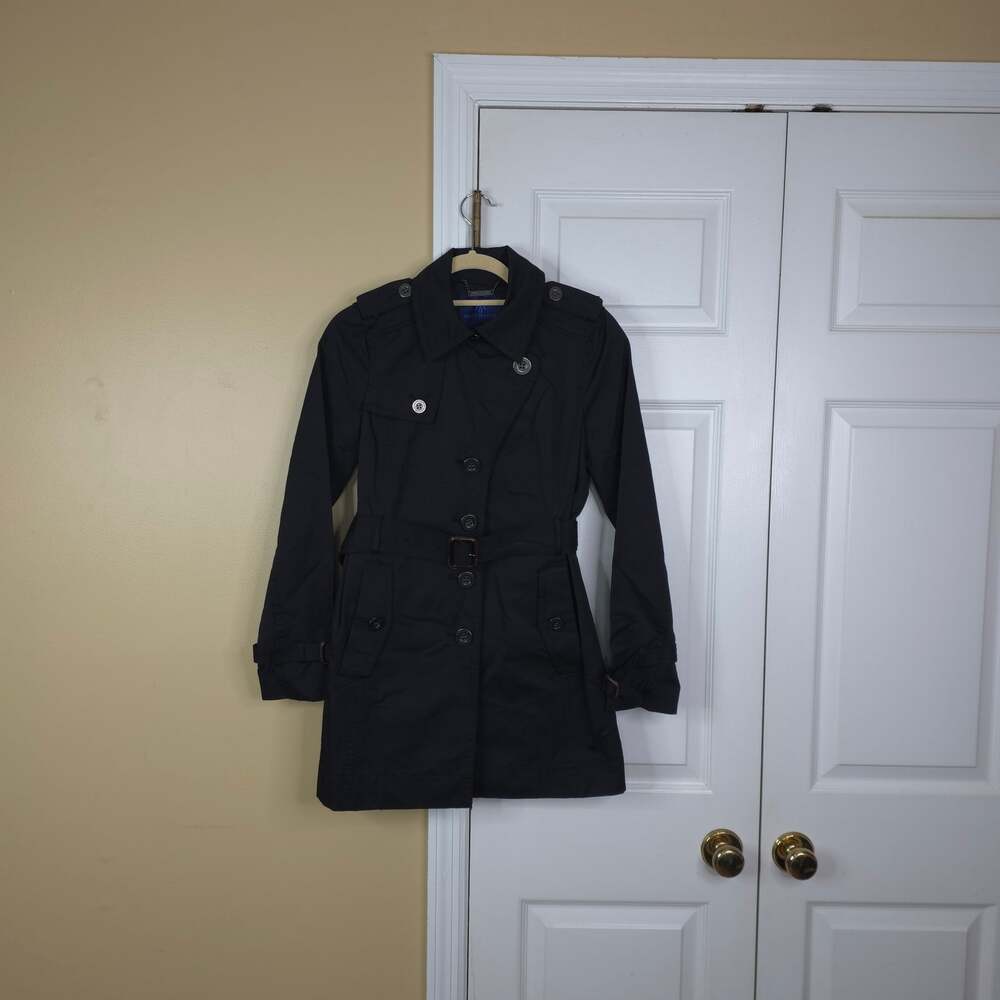 Martin + Osa Black Double Breasted Belted Trench Coat Jacket Mid Length Size XS